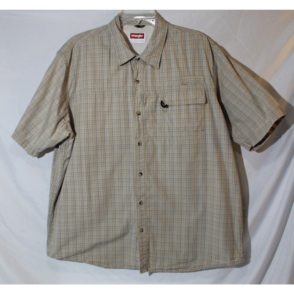 Wrangler Tan Blue Plaid Button-Up Vented Fishing Shirt S/S Pockets Men's XL